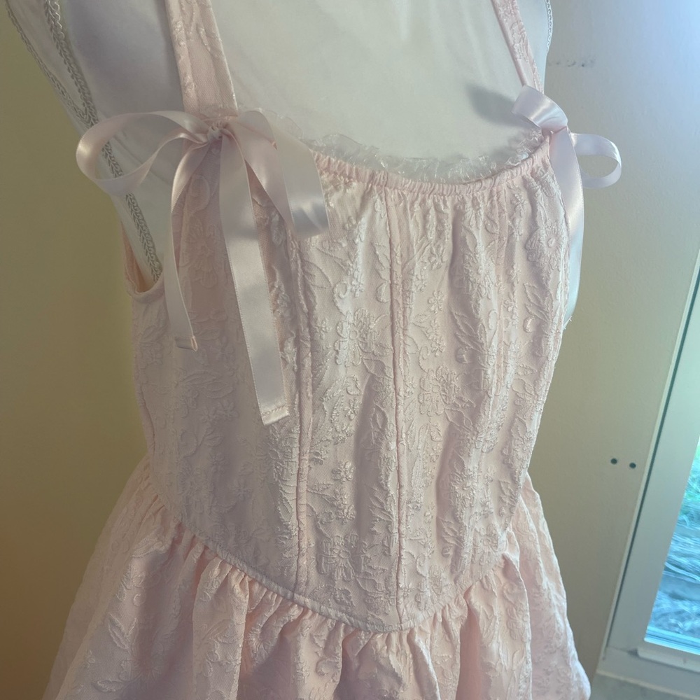 Pink Lace Corset Dress Bow Straps Tiered Mini XL Coquette Balletcore Barbiecore - Picture 3 of 14
